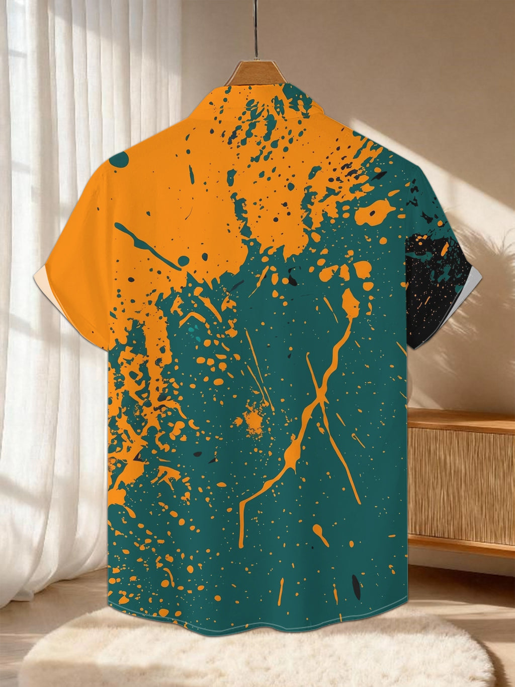 New Men's Casual Short-Sleeve Shirt, Orange and Ink Color Splash with Bold Textured Design, Versatile for Holiday Parties and Commuting, Machine-Washable Polyester Fiber Fabric, Lightweight for Summer, Suitable for Casual Wear, Outdoor Activities