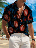 New Men's Casual Short-Sleeve Shirt with Red Berries and Blue Leaves on Black Background, Vintage Style All-Over Print, Versatile Top for Holiday Parties, Commuting, and Casual Wear, Machine-Washable Fabric, Button-Up Printed Shirt