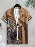 Outdoor Hunting Style Men'S Casual Shirt, Printed Brown Moose And Forest Scene, Summer Large Antlered Moose in Woodland Setting