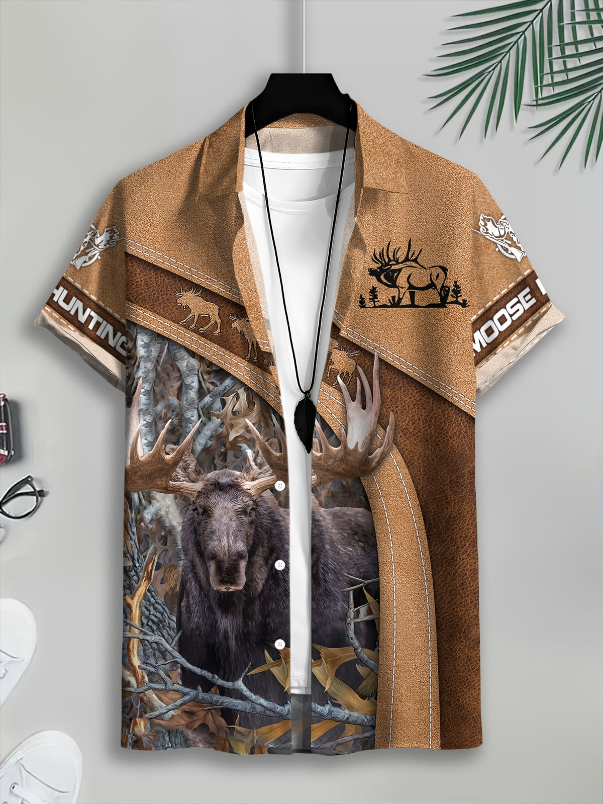 Outdoor Hunting Style Men'S Casual Shirt, Printed Brown Moose And Forest Scene, Summer Large Antlered Moose in Woodland Setting