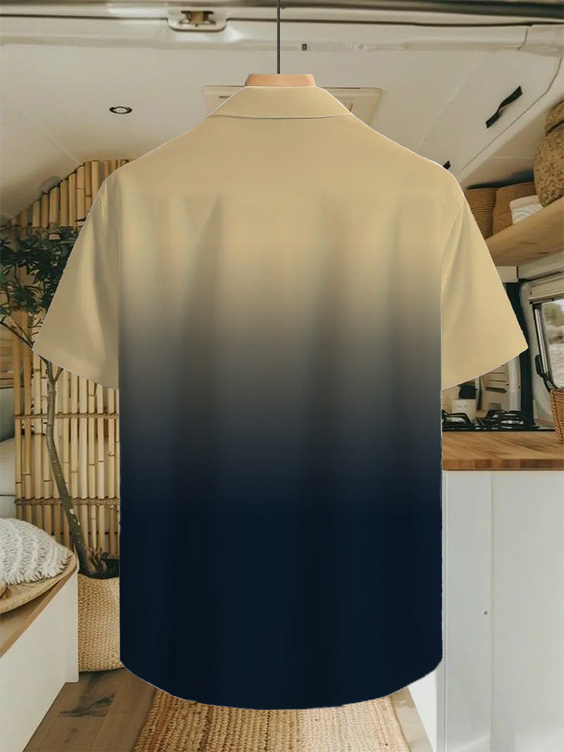 Hawaiian Men'S Casual Shirt in a Yellow And Black Gradient Print, Featuring a Formal Cut with a Collar And Button Front, Suitable for Holidays And Outdoor Activities