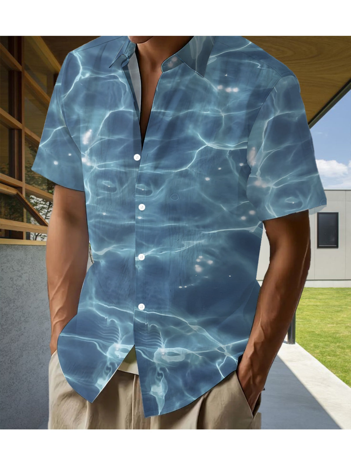 Fashion Water Ripple Pattern Print Shirt, Tropical Hawaiian Shirt - Short Sleeve, Casual Button- Men's Shirt, Lightweight Polyester for Summer Adventures