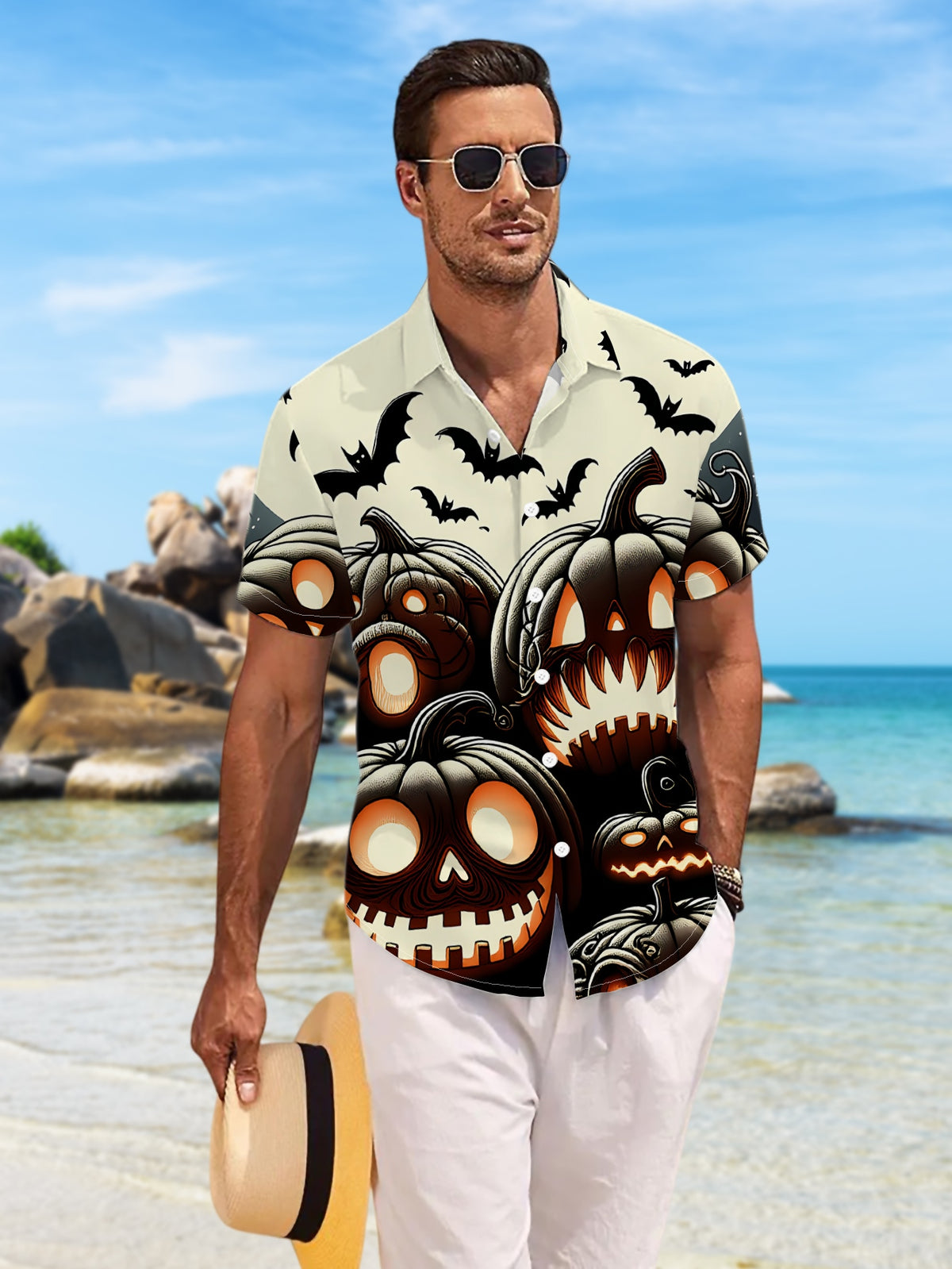 New Men'S Casual Short-Sleeved Shirt, Dark Night Pumpkin Group Grinning, Bats Flying Around The Full, Holiday Party Commuting Versatile Casual Top, Polyester Fiber Fabric Machine Washable, Button Print Shirt