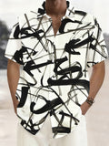 Hawaiian Tropical Black Striped Print Men'S Casual Shirt - Short Sleeve Button Design, Suitable for Outdoor And Casual Wear in Summer