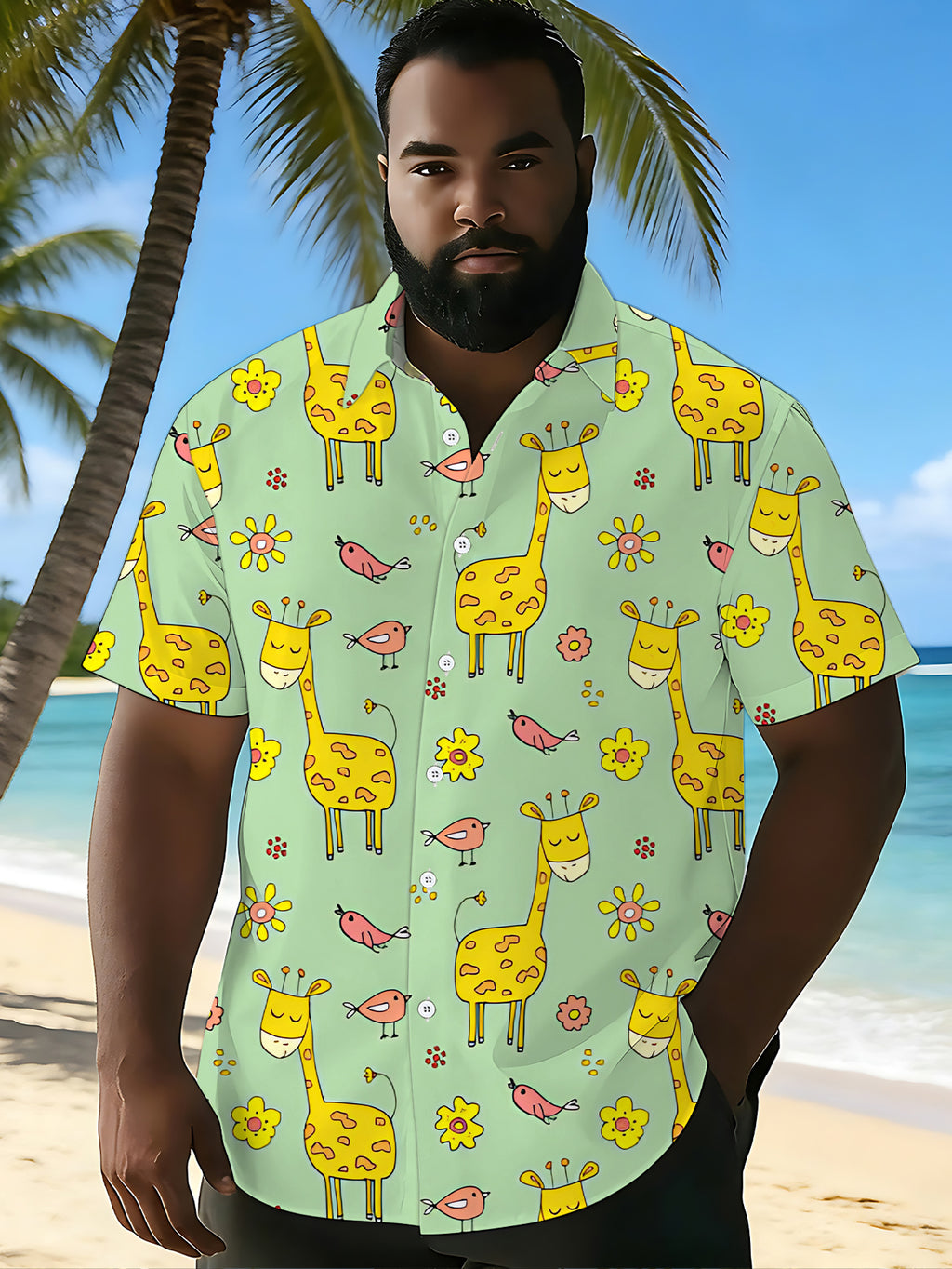 [Print Design - Not Texture] Short Sleeve Shirt Men'S Trendy Digital Print Short Sleeve Shirt Yellow Green Pink Cartoon Animal Pattern Fashionable And Grand Street/Trendy/Print/Clothing/Apparel/Summer/Men